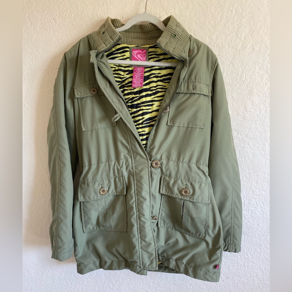 Vintage Y2k Green Roxy Puffer Jacket Detachable Hood.